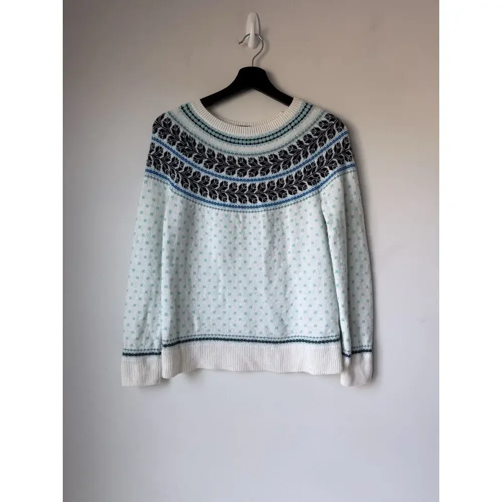 Talbots Sweater Womens M Fair Isle Pullover White Blue Lambs Wool Blend Jumper - Picture 1 of 7